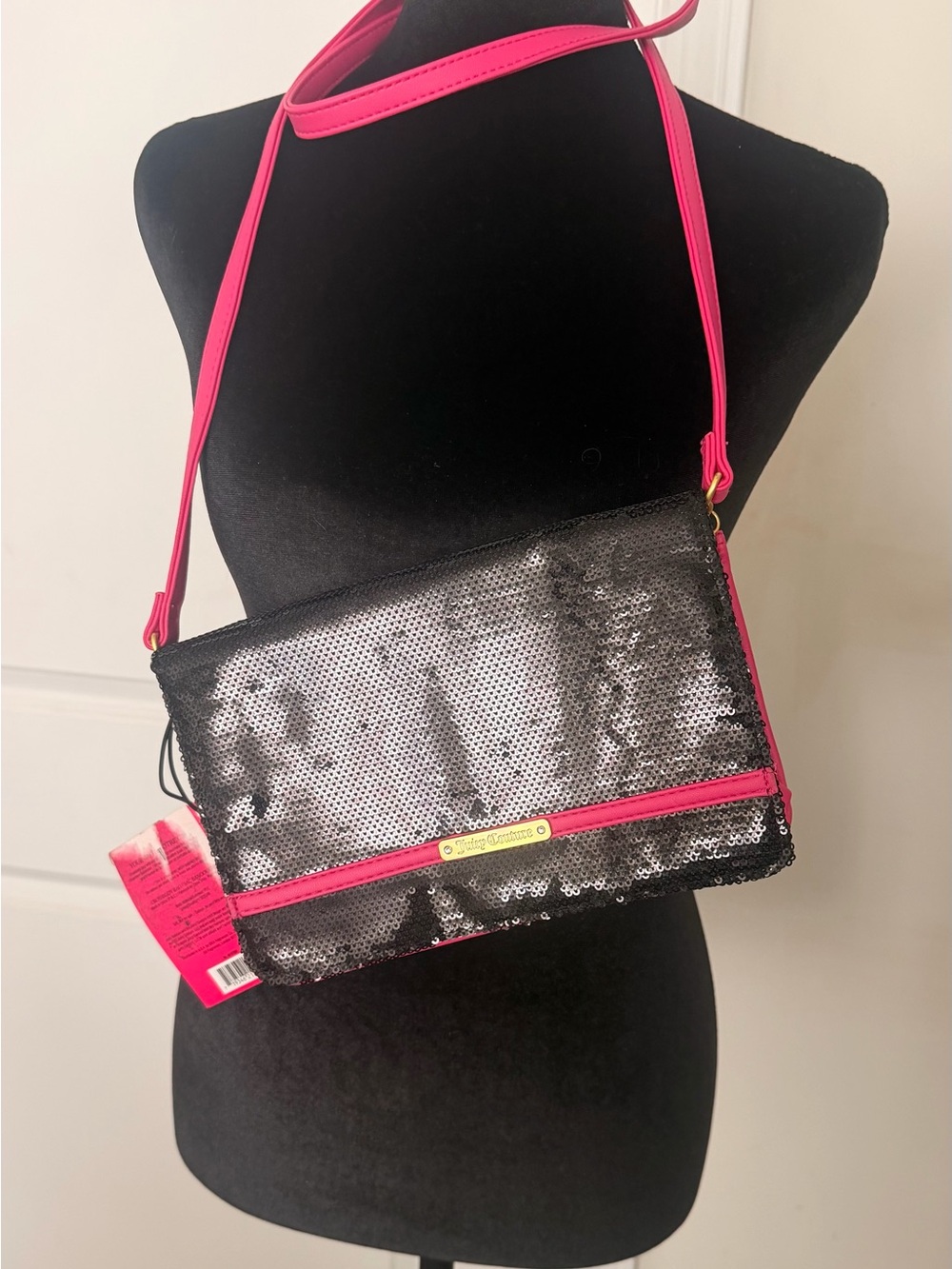 Juicy Couture Black Sequin Crossbody with Hot Pink Trim